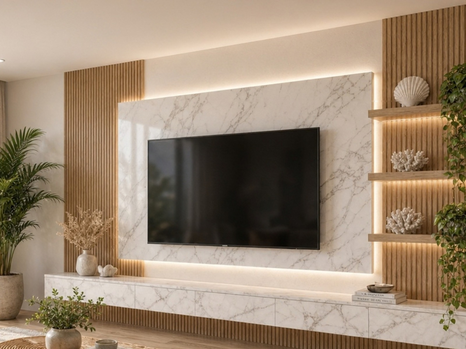 Custom entertainment wall with lit shelves by Trim My Crib