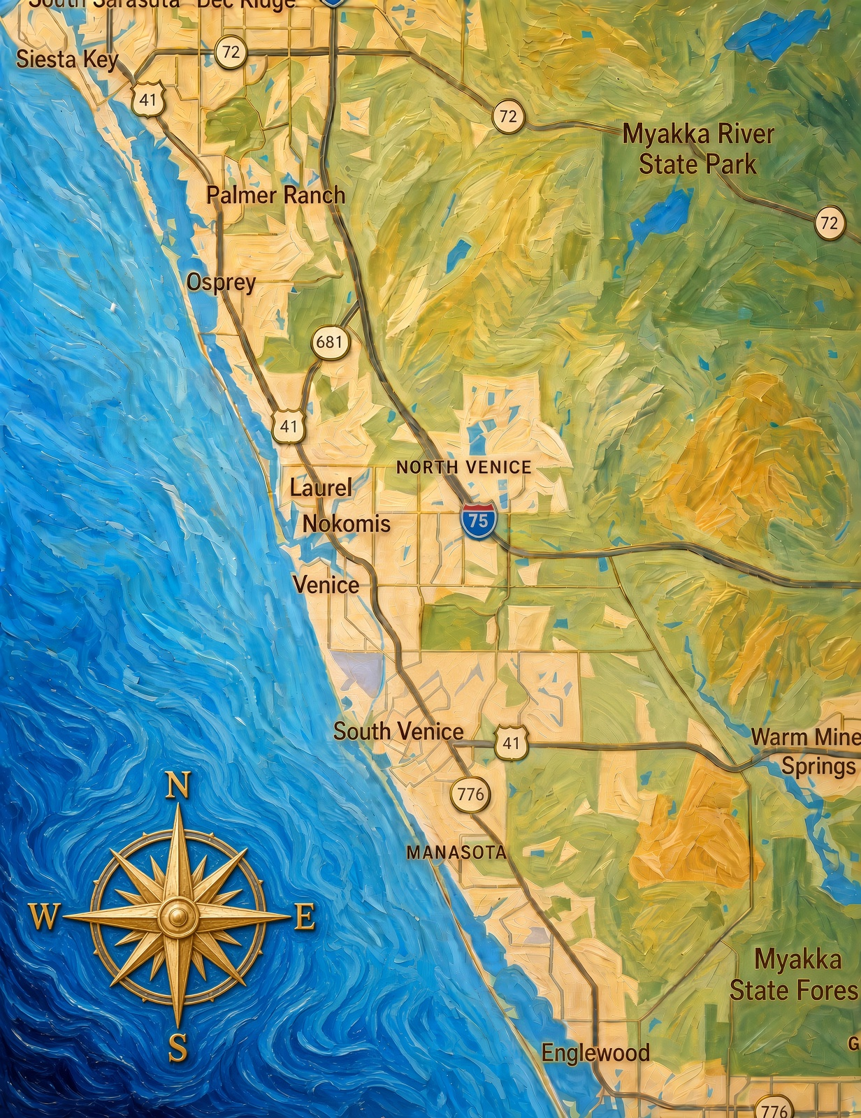 Painted map of the Sarasota County coast from Siesta Key to Englewood, with gold pins marking Venice, Wellen Park, Osprey, Nokomis, Manasota Key, and Casey Key