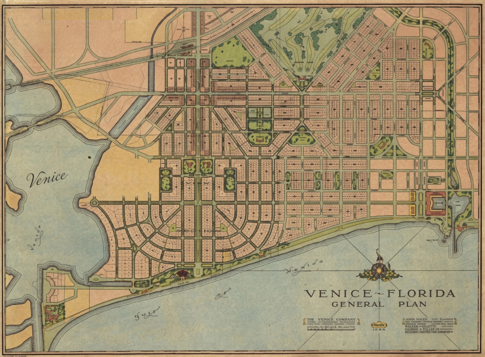 John Nolen’s general plan for Venice, Florida, showing curving streets, neighborhood parks, and a broad boulevard leading to the Gulf